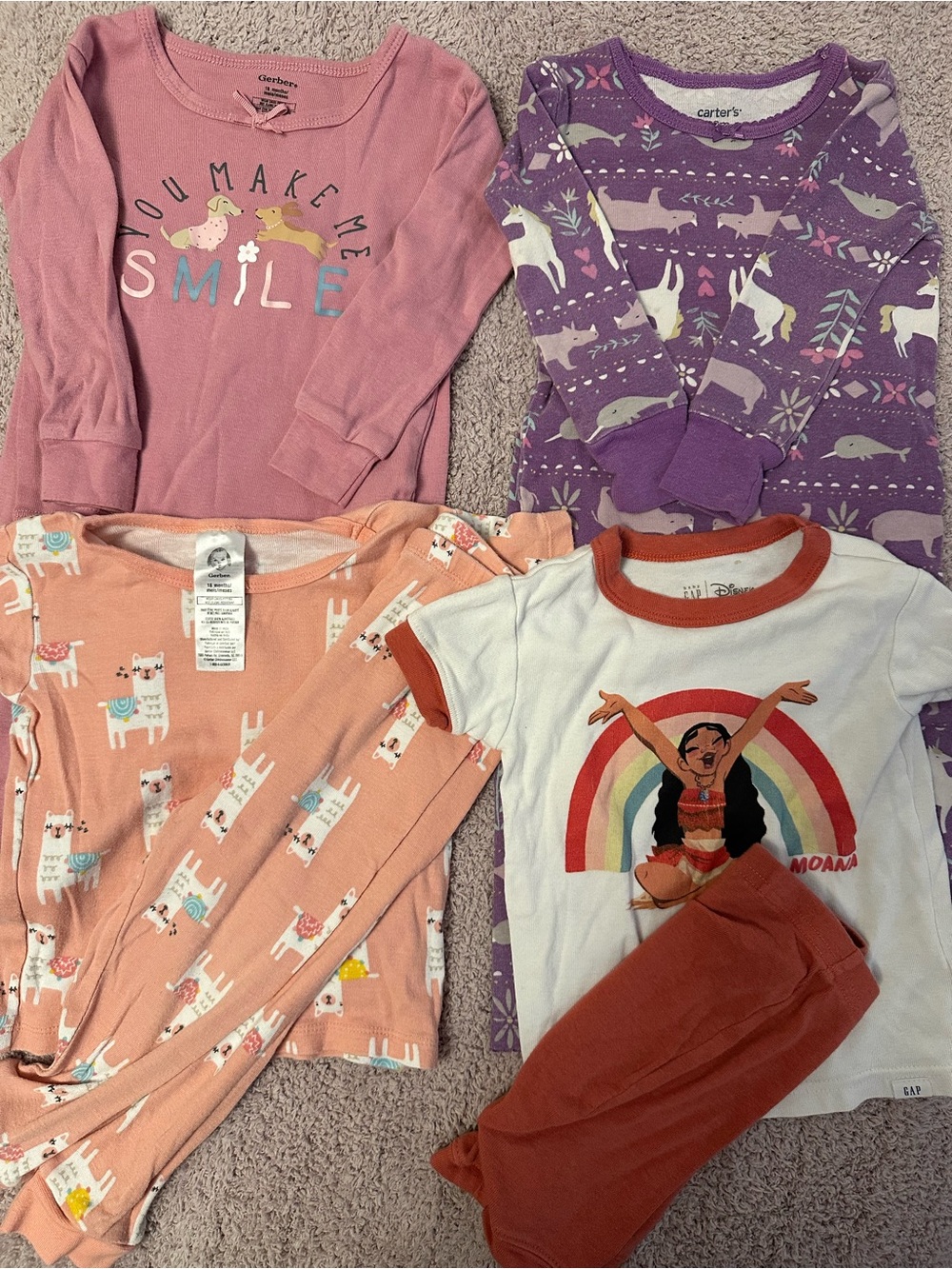 🌙 Girls Pajama Bundle 12-18M/18M Disney Moana Carter’s Gerber 4 Sets 🦙